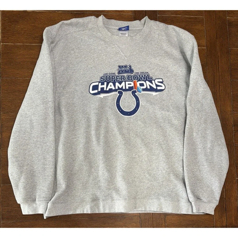 Vintage Indianapolis Colts Super Bowl Mens Size 2XL Reebok Grey Crewneck Sweater